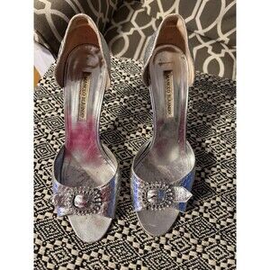 Manolo Blahnik Sedaraby D'Orsay peep-toe pumps SATC 'Carrie Slvr SOLD OUT 39 1/2